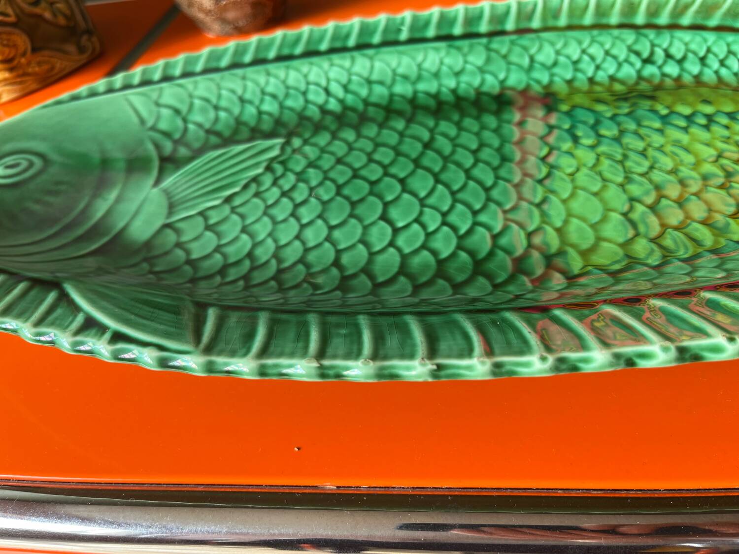 Green fish service Sarreguemines 1950s in new condition.