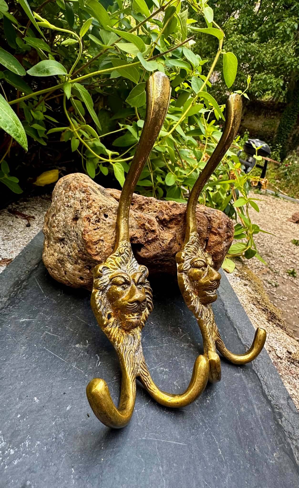 2 lion coat hooks in solid brass Art Nouveau