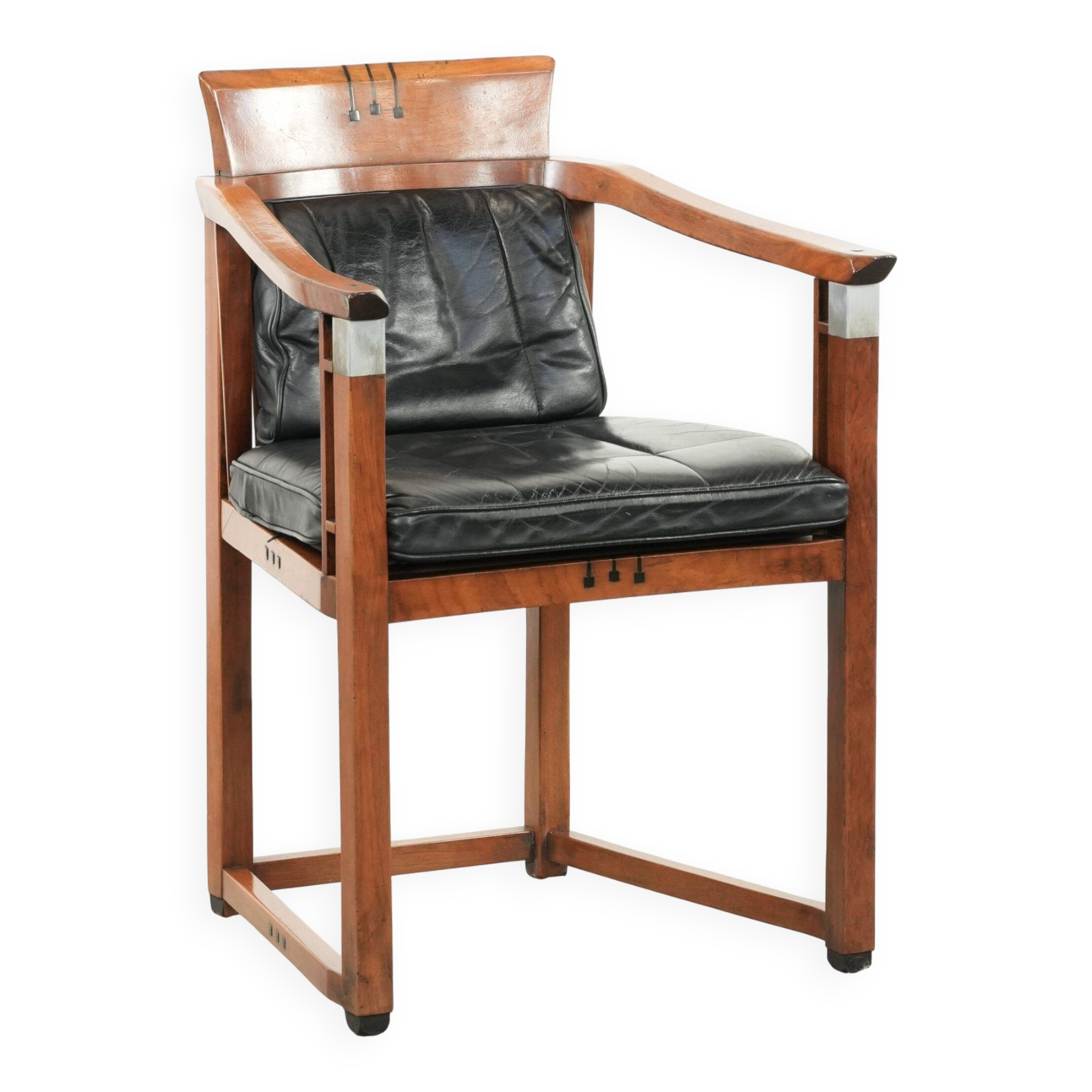 Black leather Art Deco design dining/side/desk chair with armrests