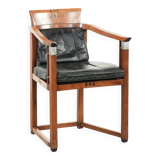 Black leather Art Deco design dining/side/desk chair with armrests