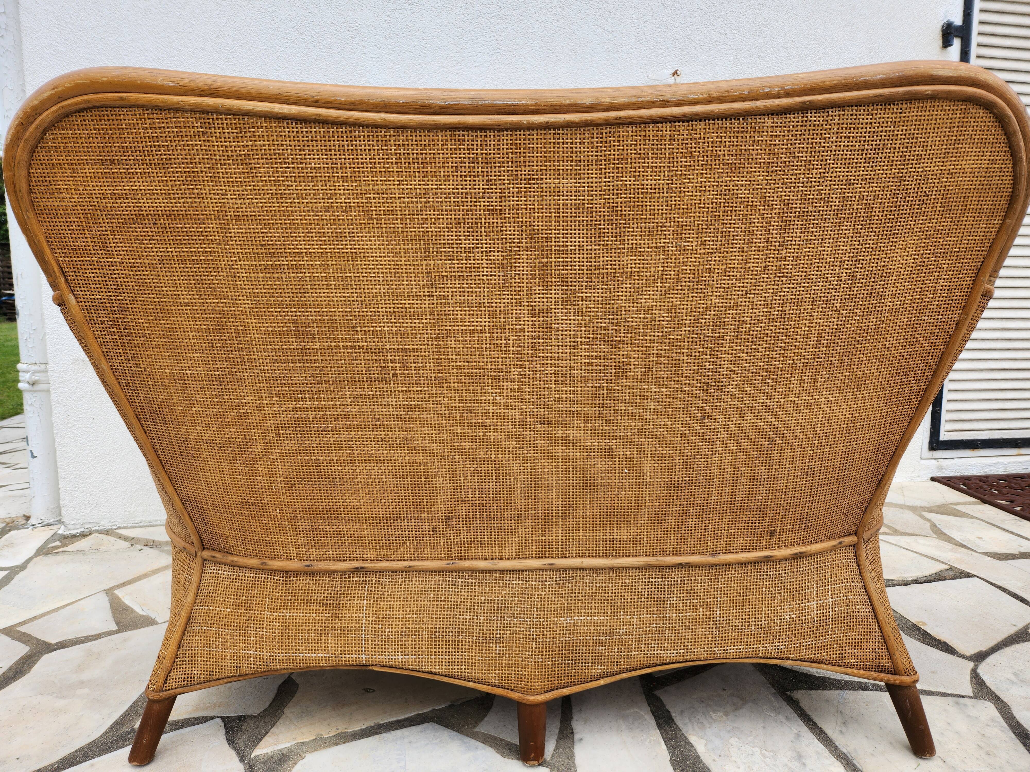 Vintage bench 2 places in rattan and woven rice straw.