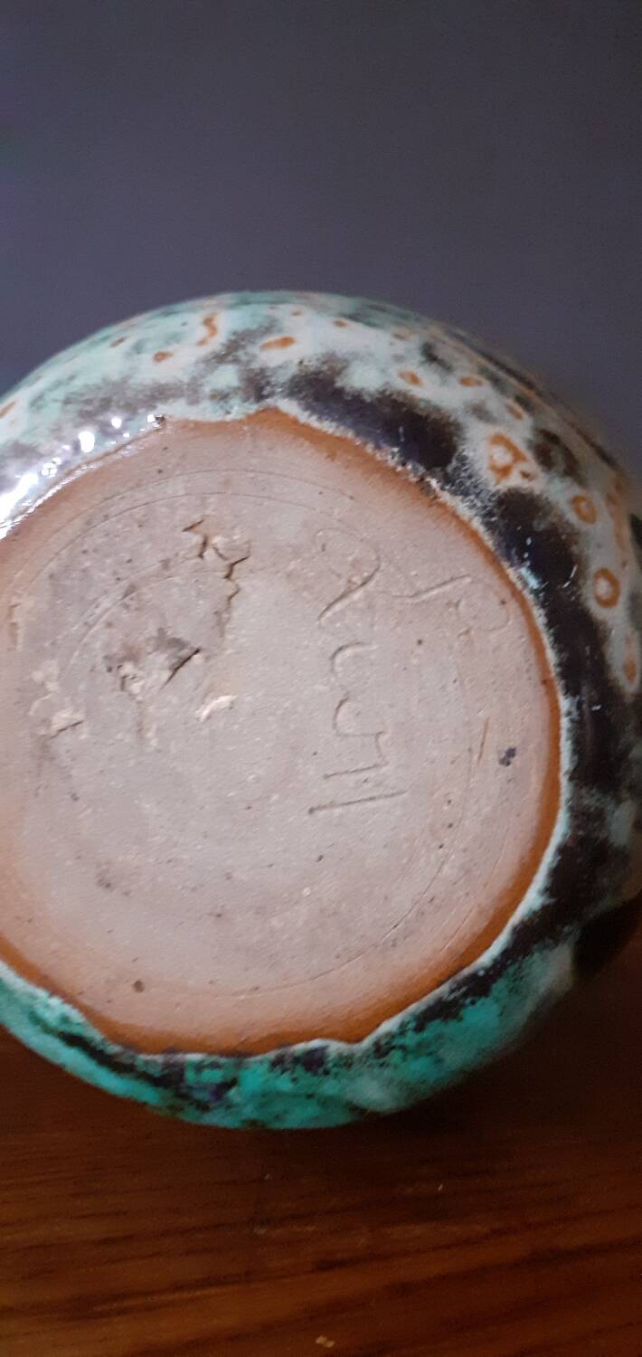 Vase en céramique bleu-vert signé Pierre Lion, année 60