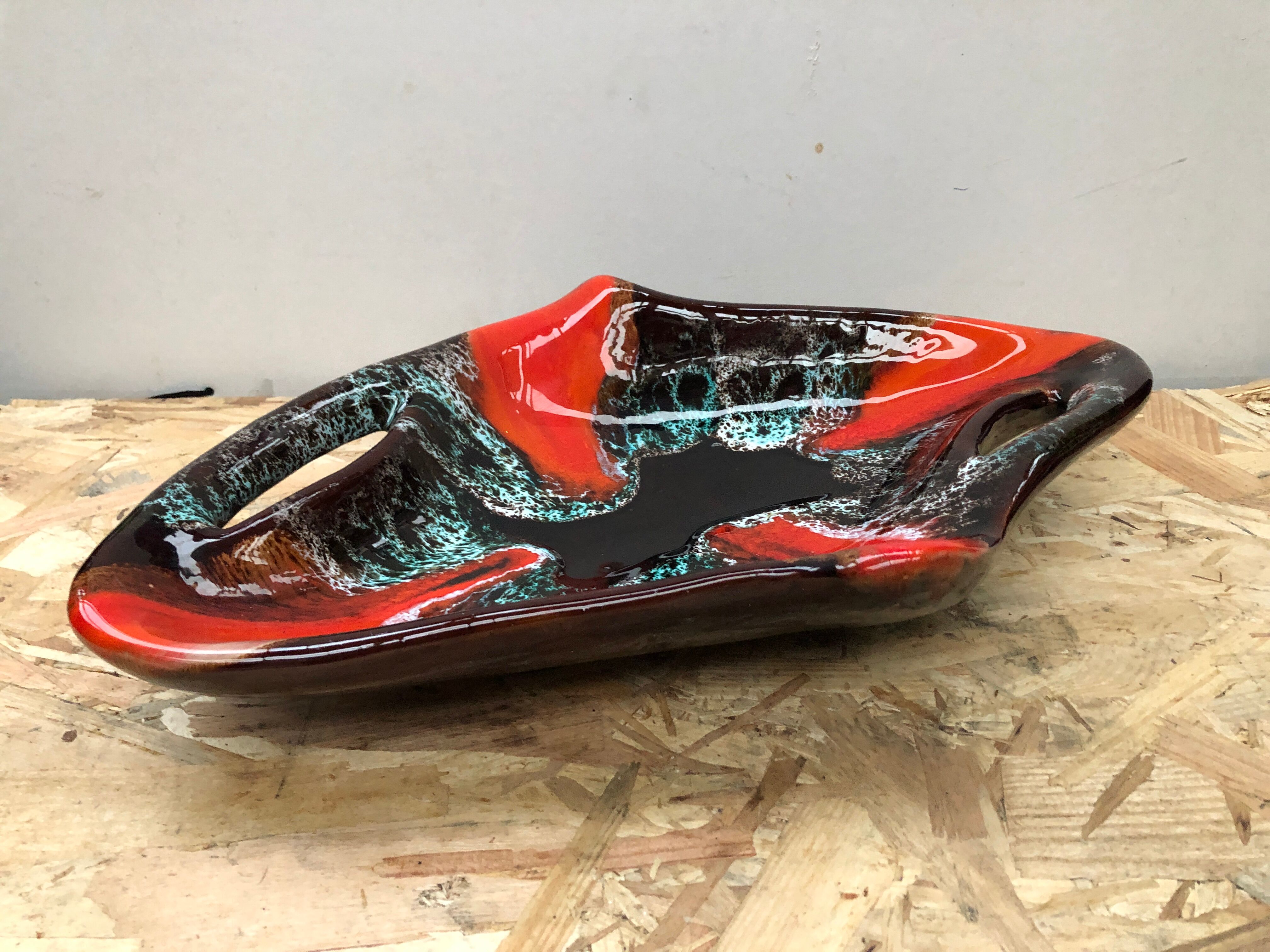 Old dish ceramic brown red black vintage