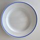 3 Pillivuyt white porcelain dinner plates with blue edging.