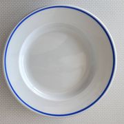3 Pillivuyt white porcelain dinner plates with blue edging.