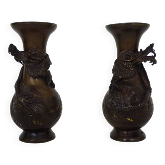 Paire de Vases Japonais dragons en bronze patiné - 1900