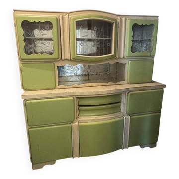 Armoire de cuisine Art Déco hongroise verte et crème avec portes en verre, années 1940.