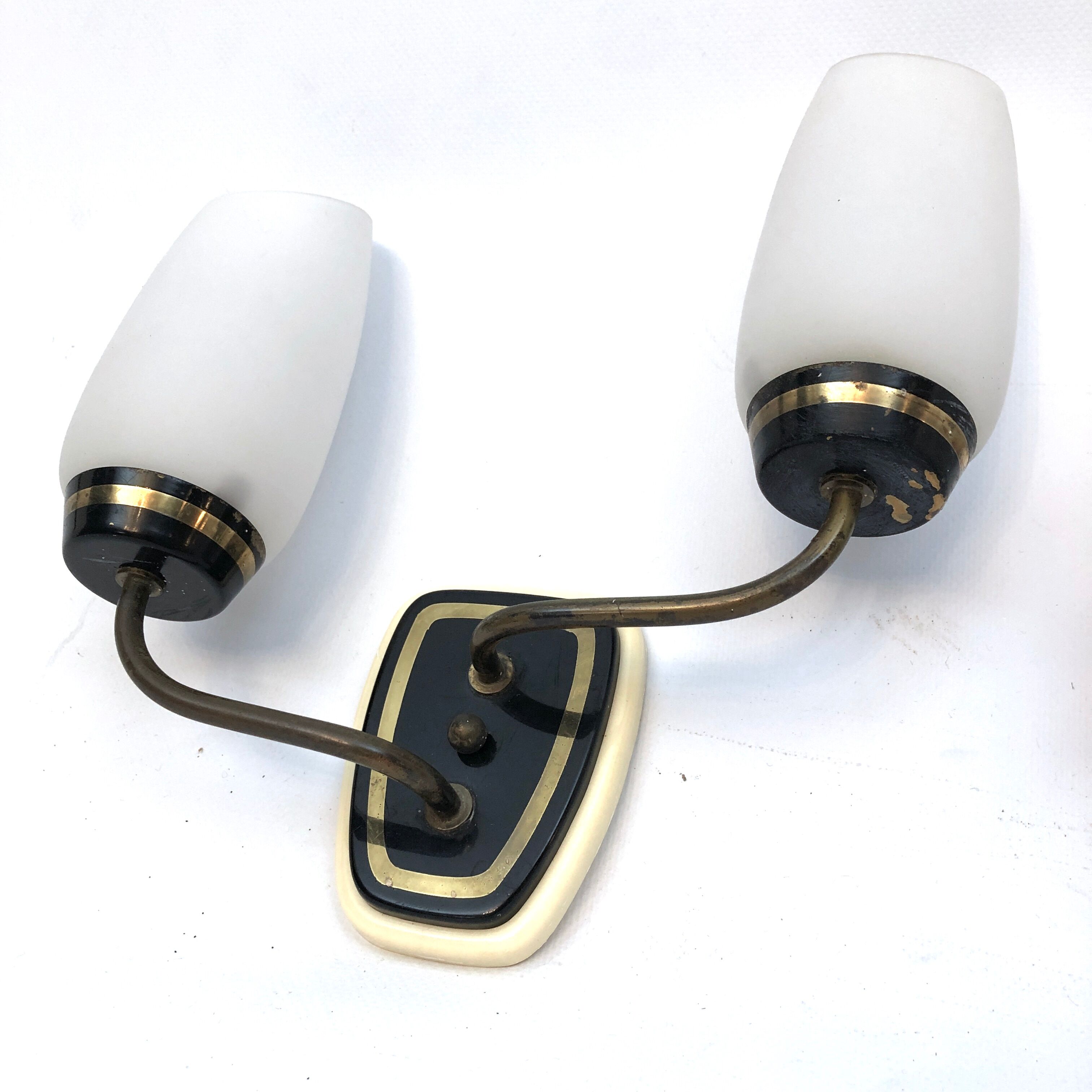 Mid-century Italian brass and opaline glass sconces. Set of two