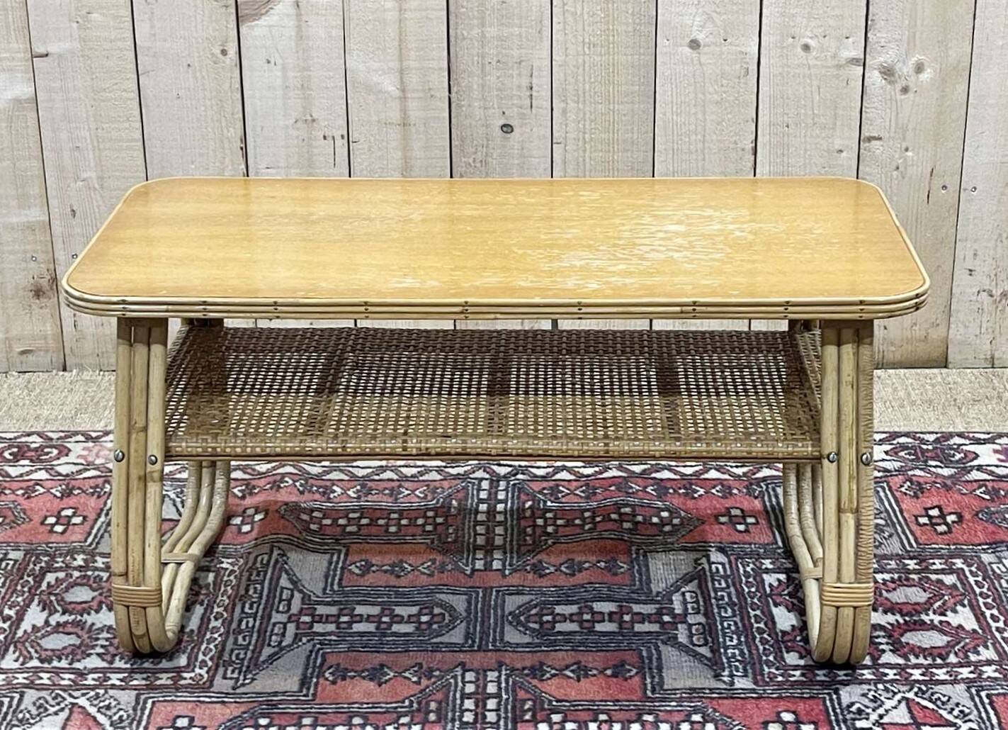 Rattan coffee table and caned shelf from the 1970s.
