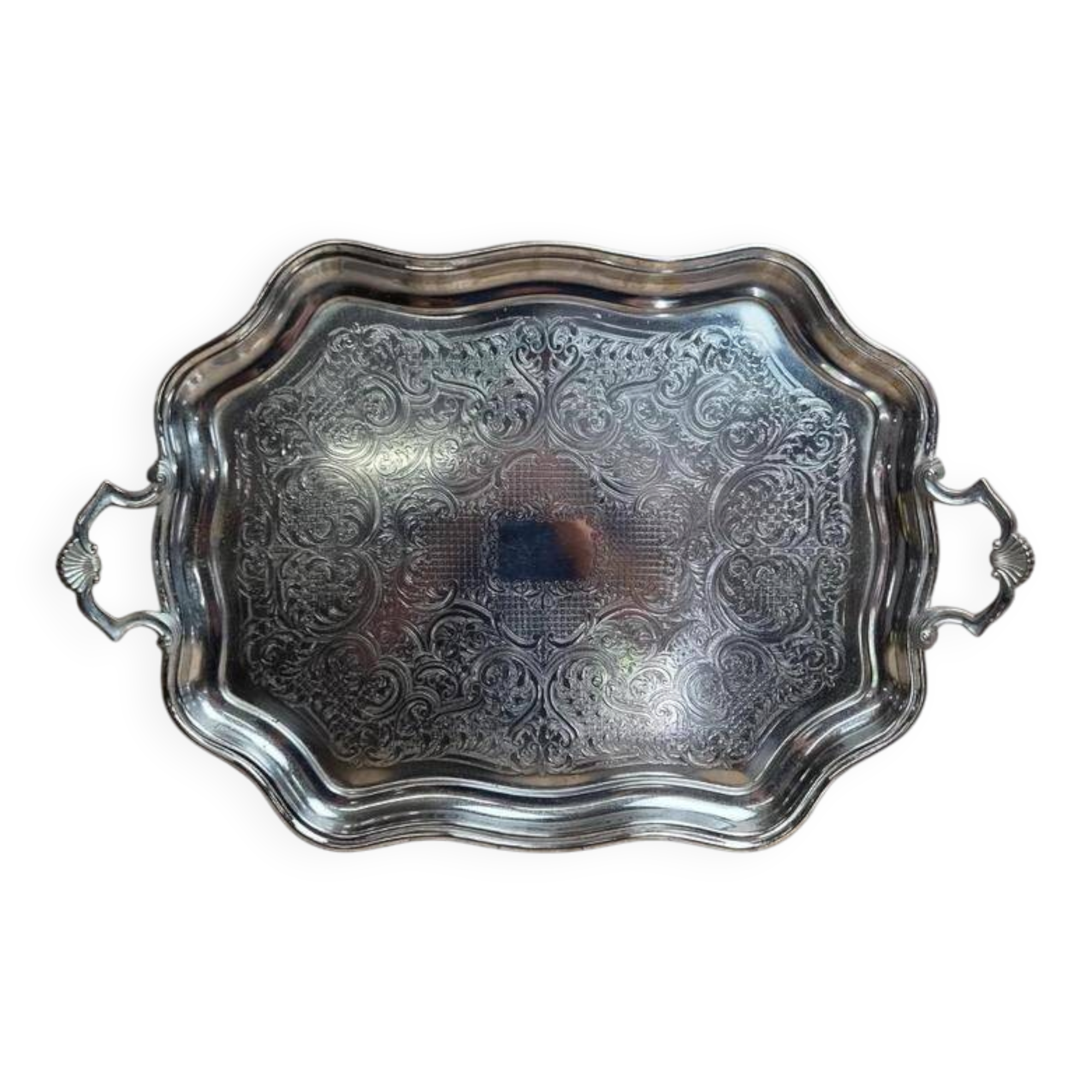 Large silver-plated serving tray – Rococo decoration & shell handles