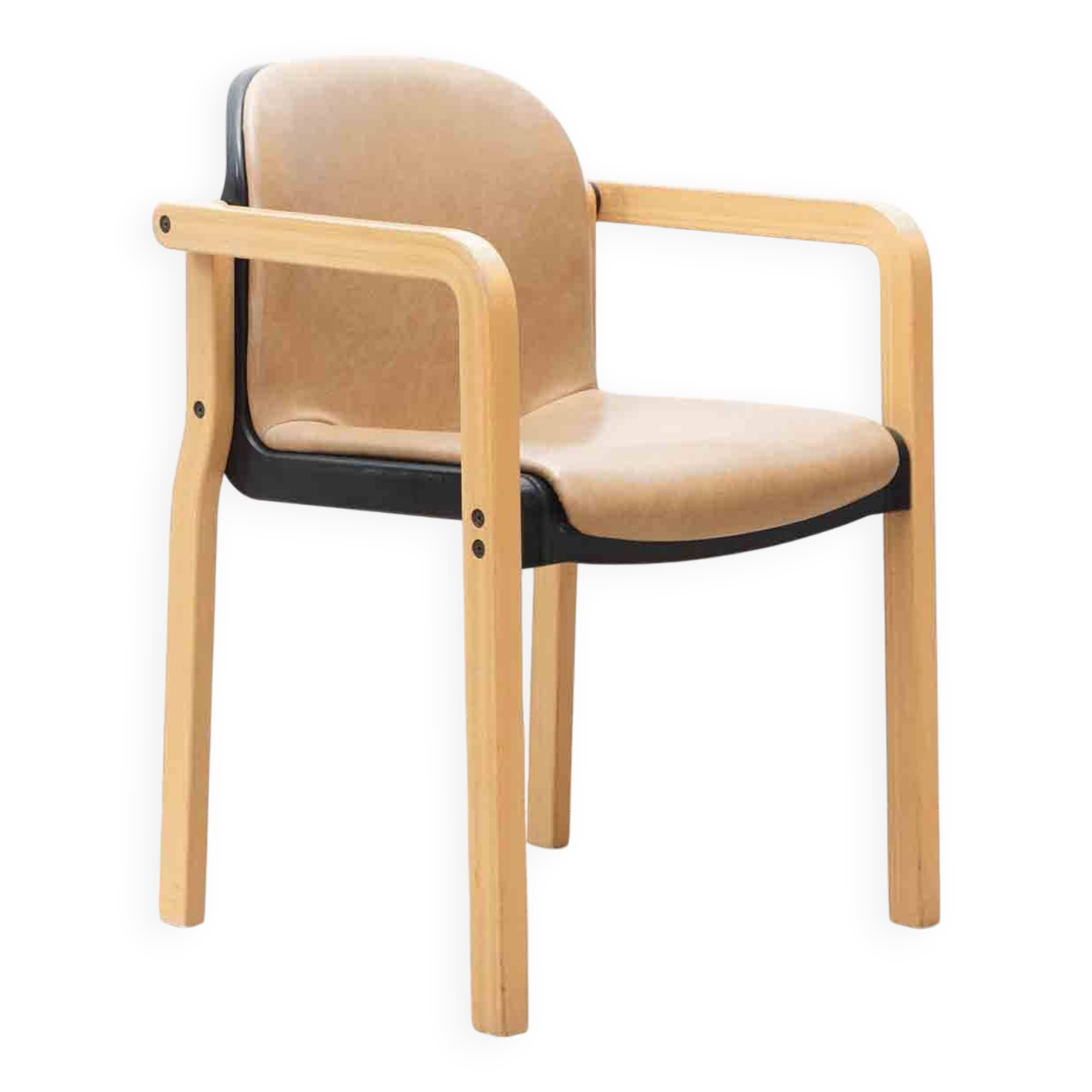 Kembo armchair in brown leatherette and beech