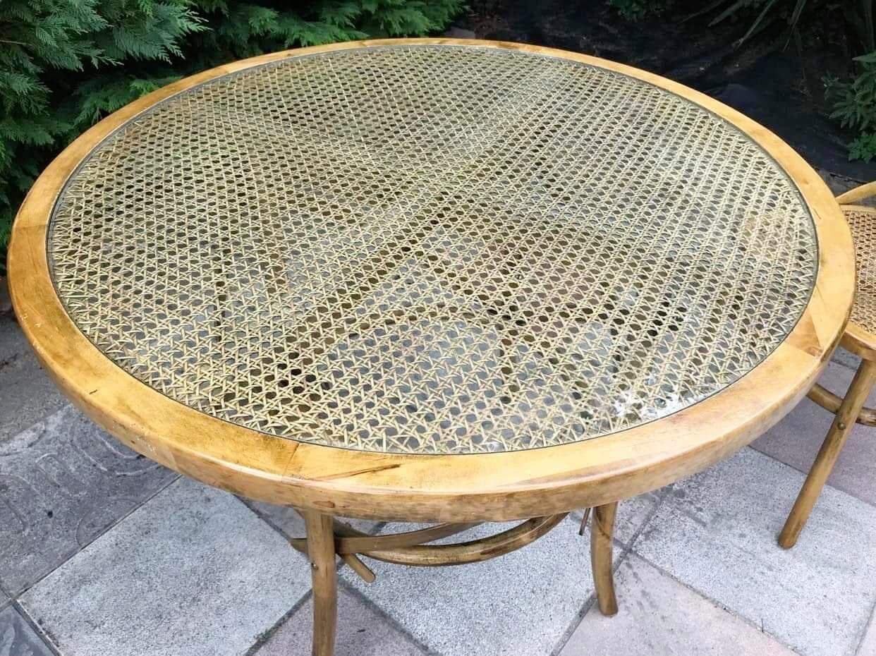 Vintage cane and curved wood table, antique furniture