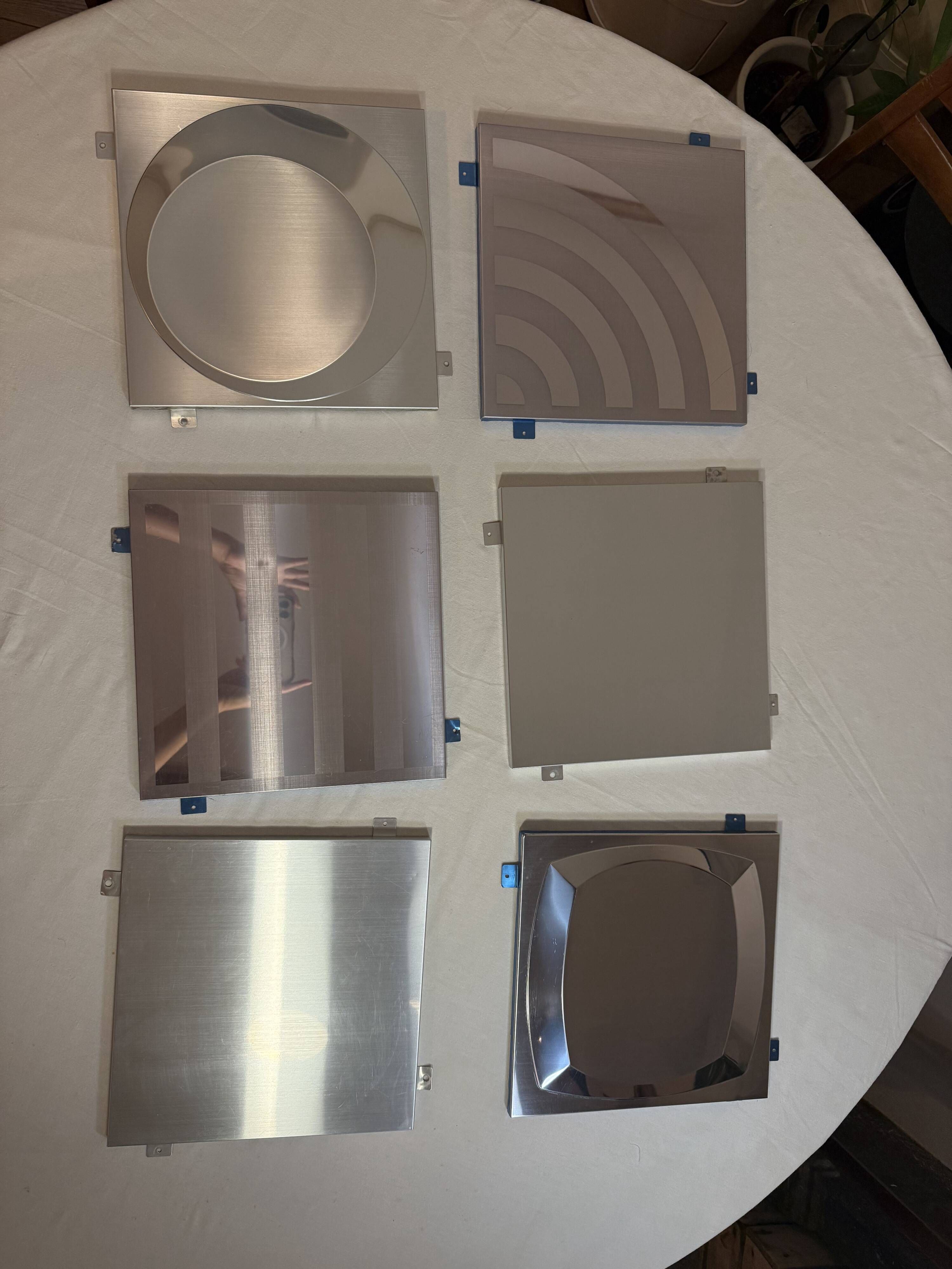 Set of 6 Space Age wall plaques, made of metal, geometric patterns.