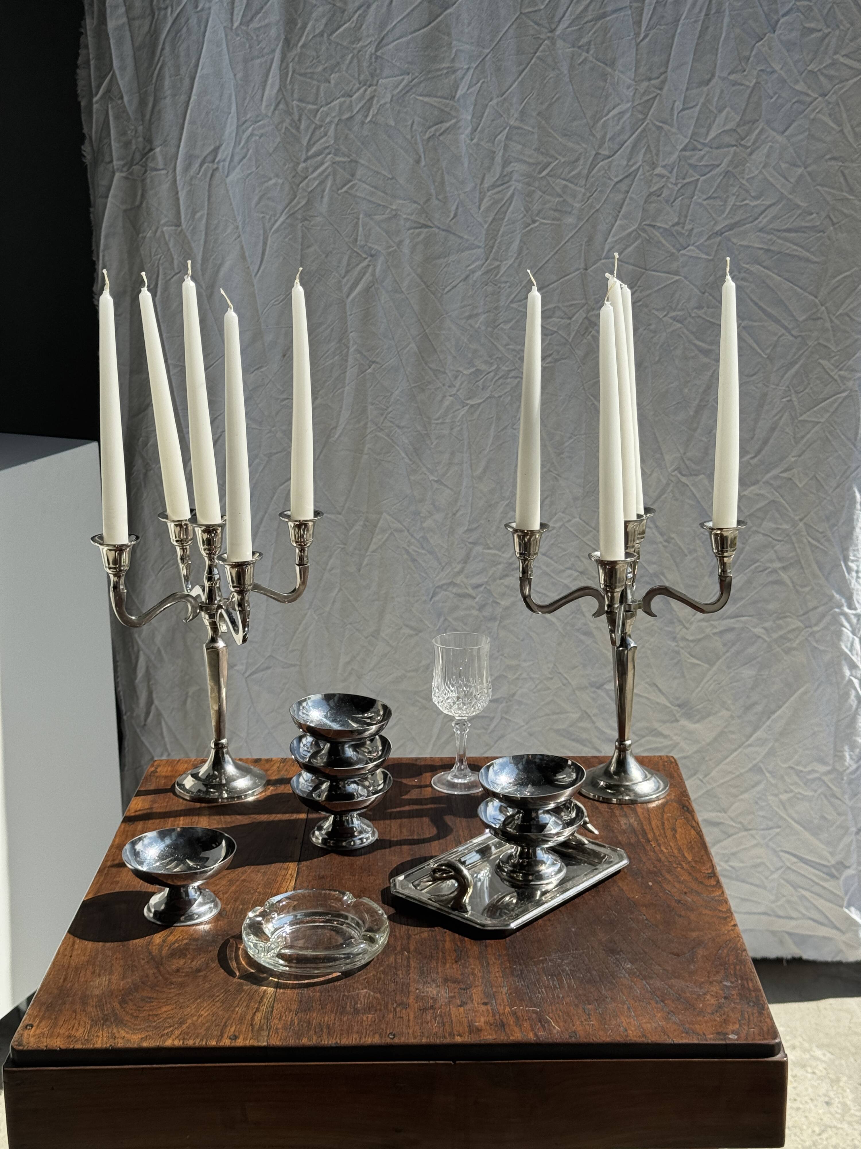 Pair of 5-arm silver-plated metal candlesticks H27