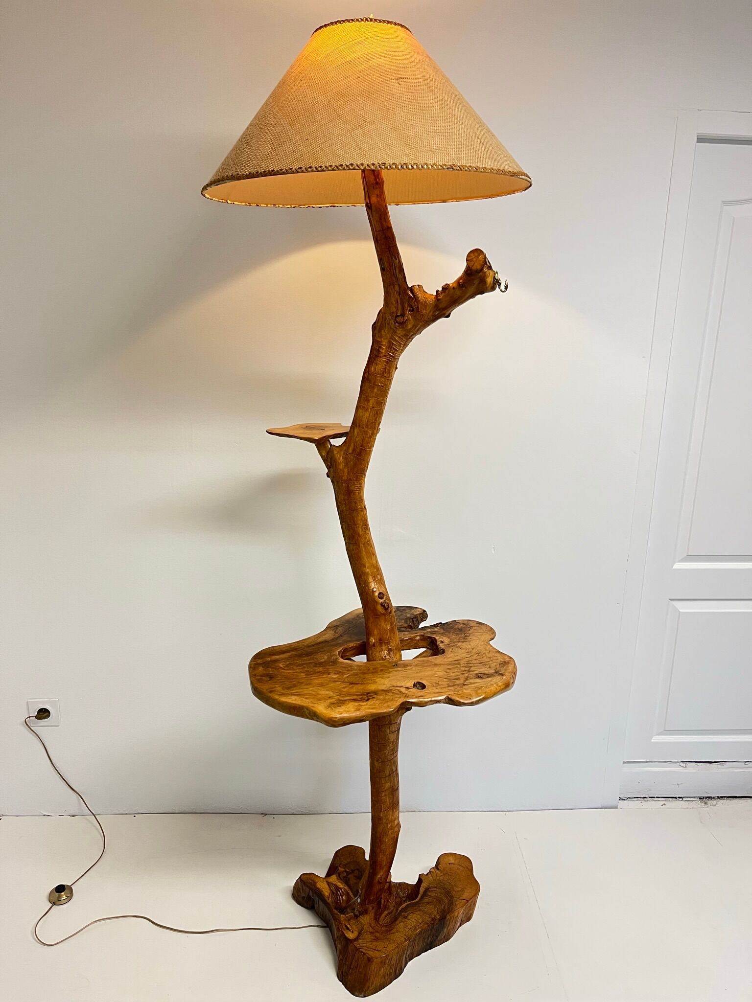 Vintage brutalist style wooden floor lamp