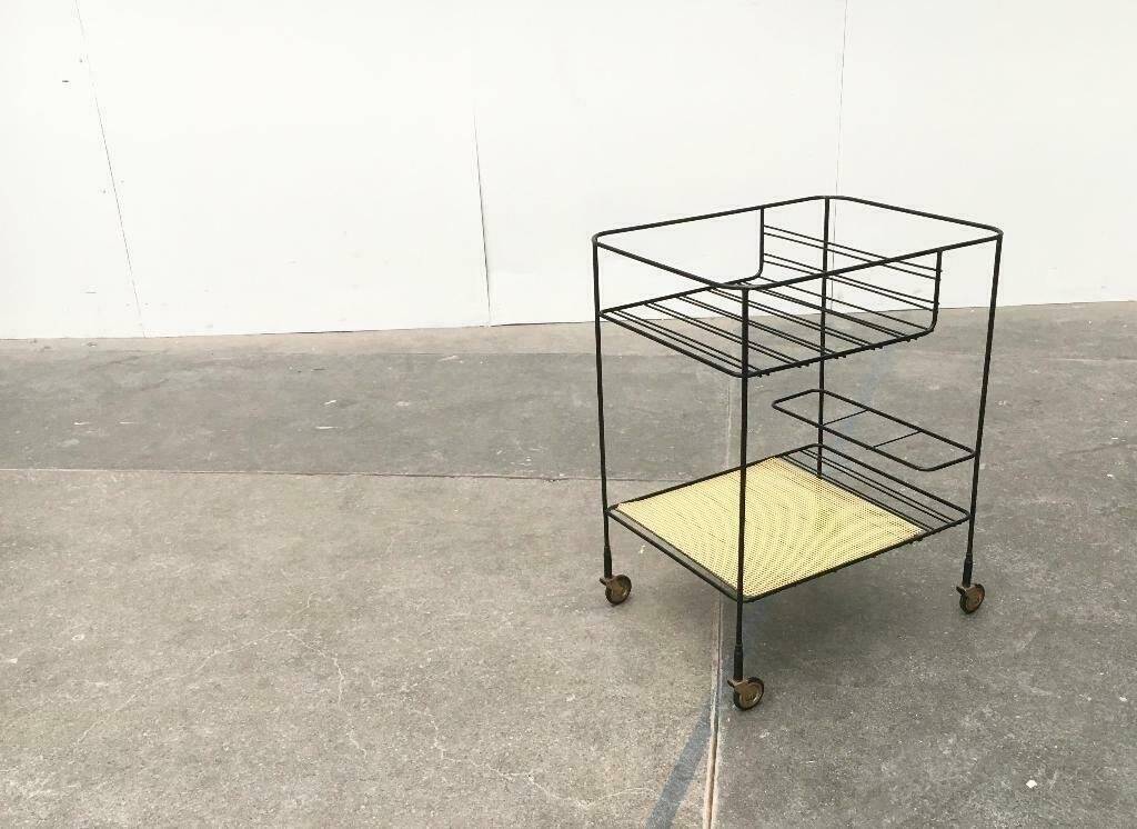 Minimalist perforated metal serving trolley in mid-century style, 1960s.