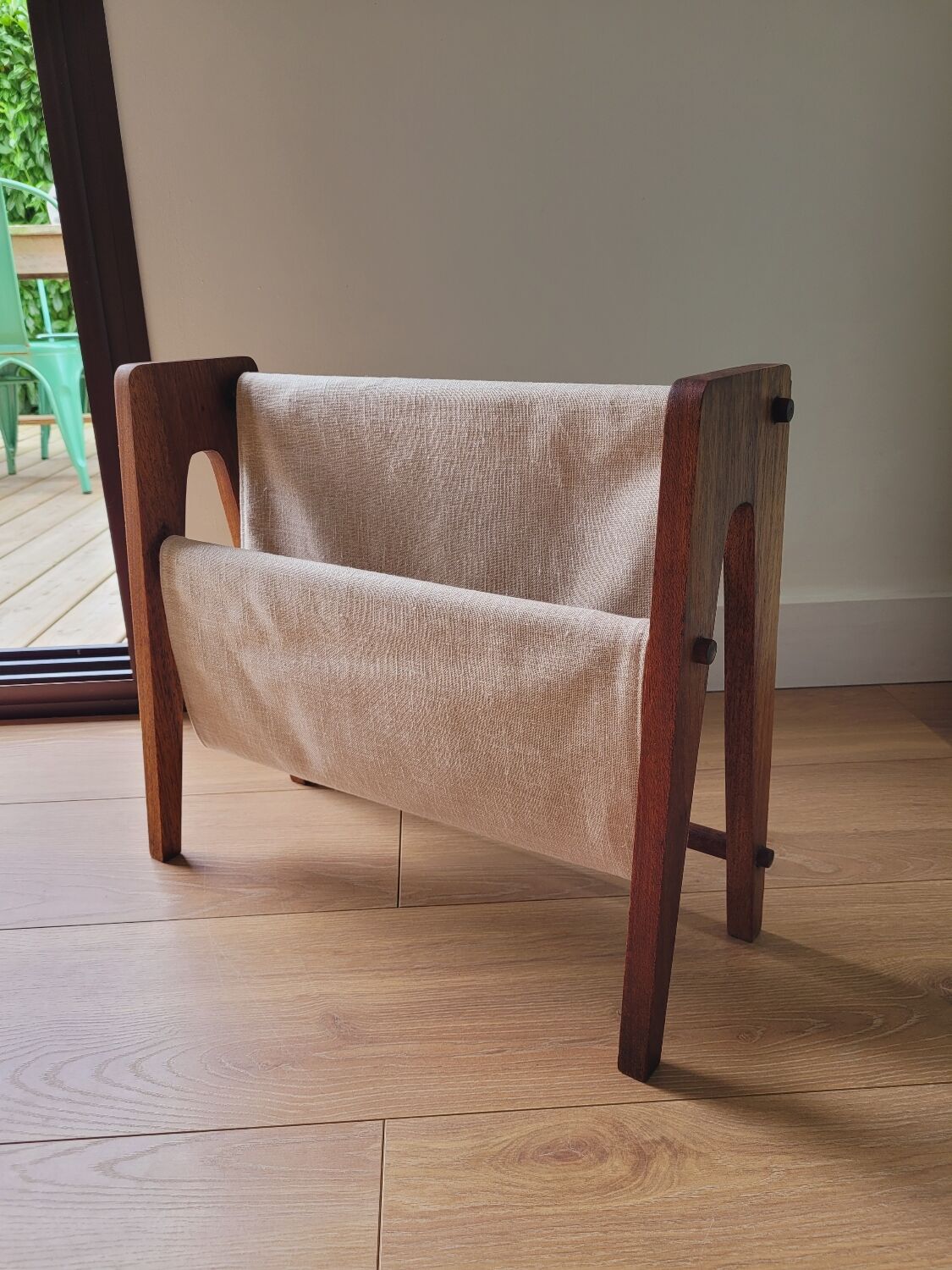 Scandinavian magazine rack exotic wood and linen
