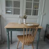 Table, desk Smoked green base, wooden top.