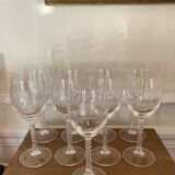 Set of 9 tall twisted and engraved crystal wine glasses