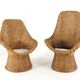 Set of 2 vintage rattan wicker armchairs with white teddy fabric