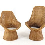 Set of 2 vintage rattan wicker armchairs with white teddy fabric