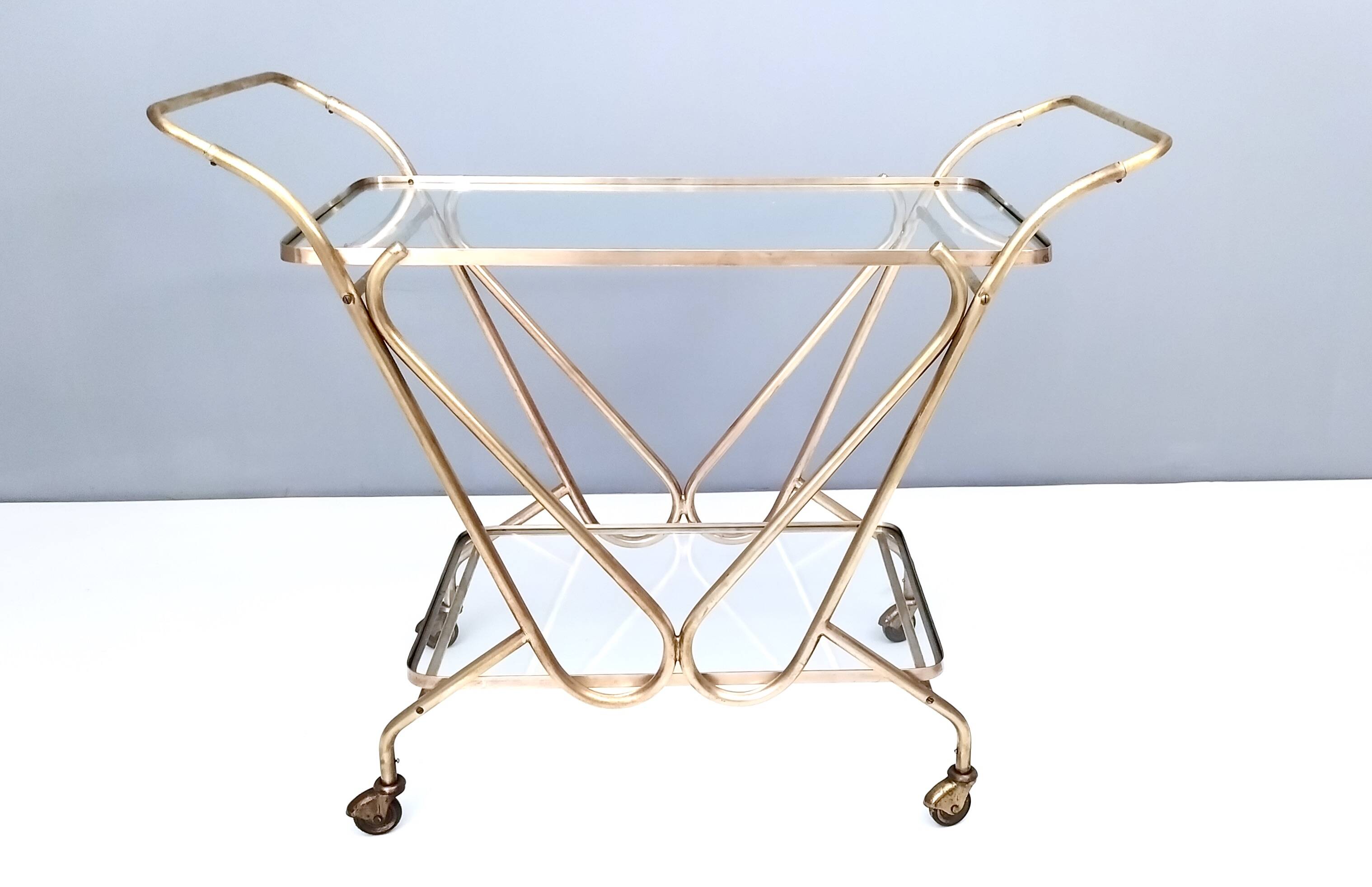 Vintage Brass Serving Cart with Glass Shelves, Italy