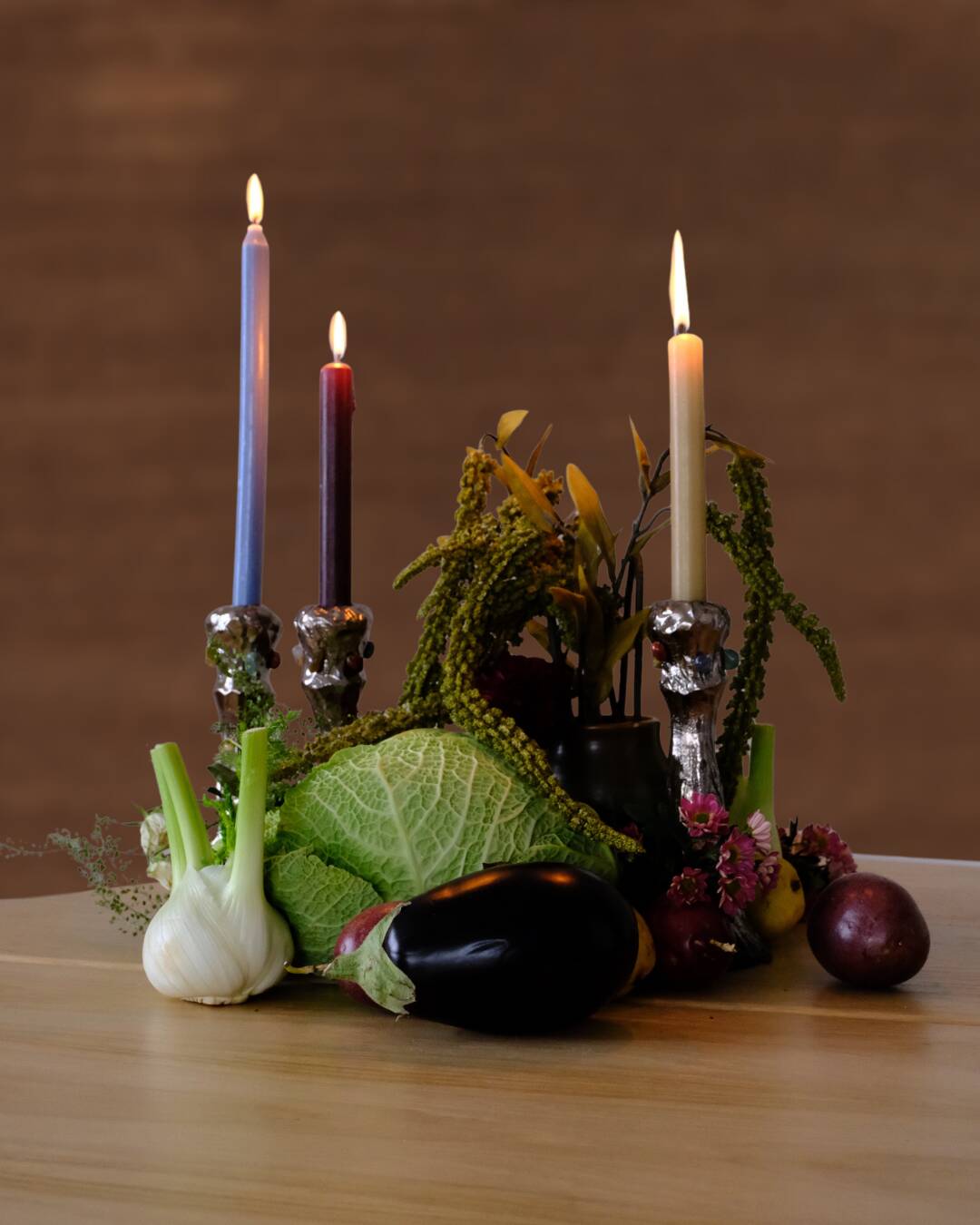 Handmade chrome candlestick with inlaid stones