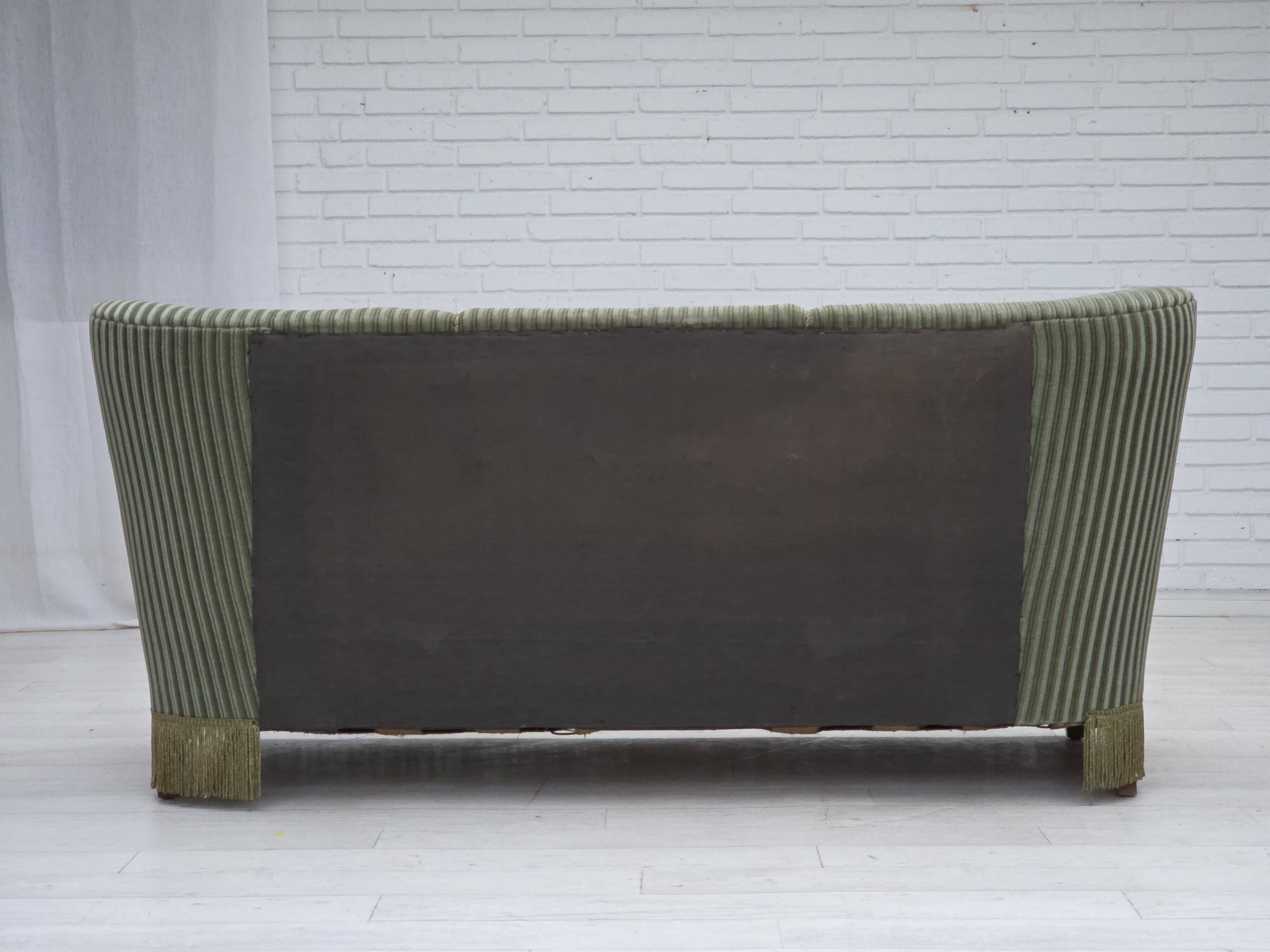 1960s, Danish 3-seater sofa, original green furniture velour, oak wood.