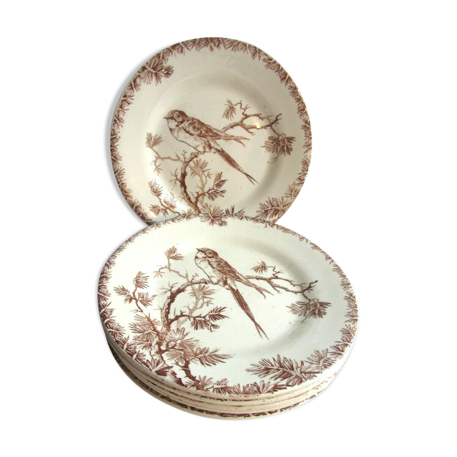 6 GIEN's Maroon Bird Dessert Plates, Provençal style with Hirondelle