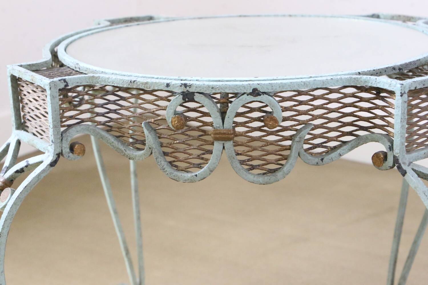 Wrought iron pedestal table mirror top 1930