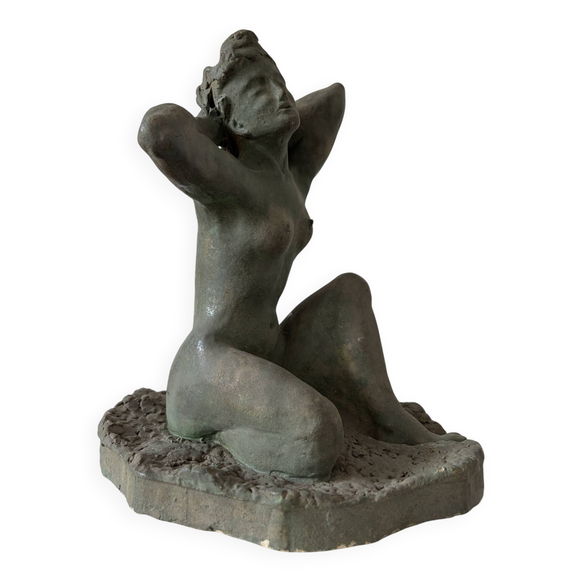 Sculpture of a naked woman titled "Youth" in terracotta.