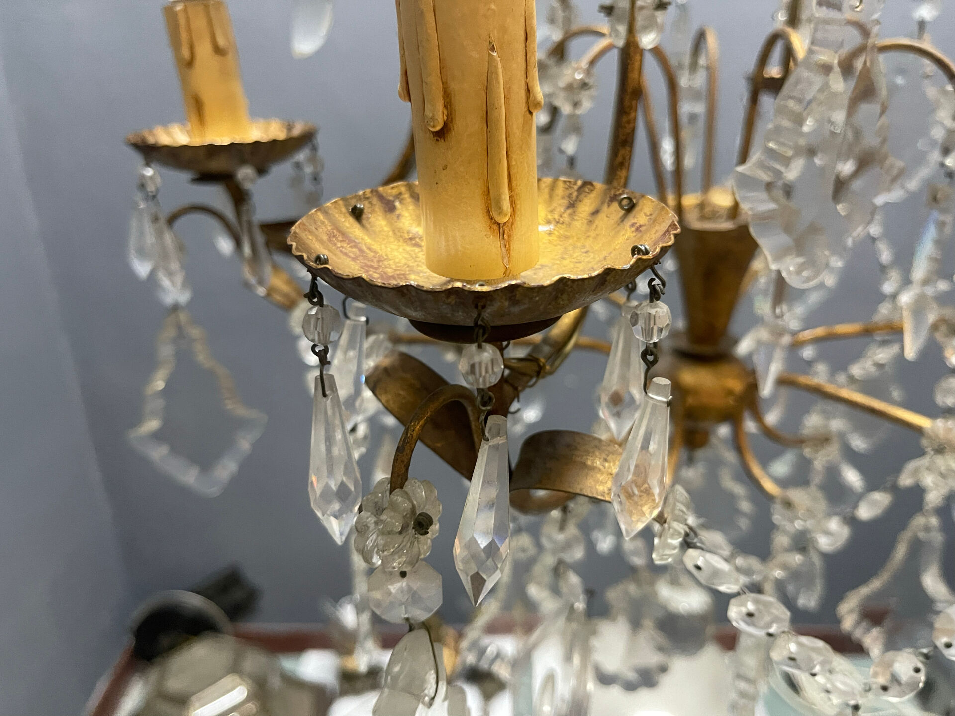 Large Gilded Florentine Tole and Crystal Chandelier, 1950s