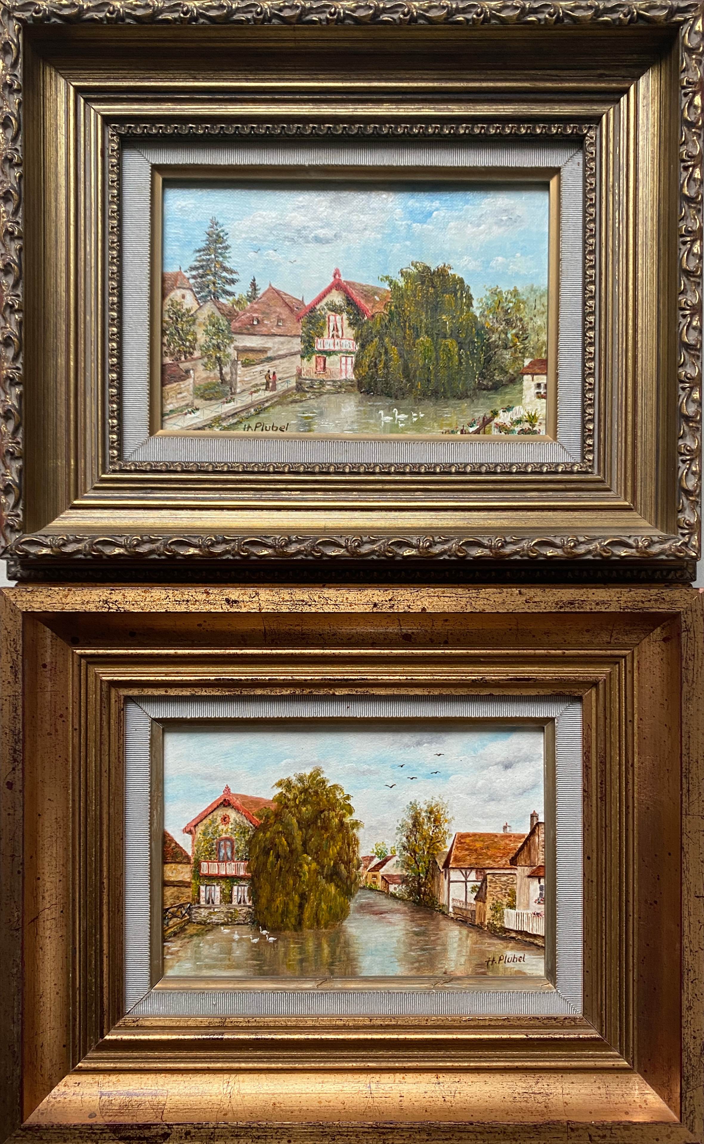 Pendant Paintings HST Henri Plubel (XX°) "View of Mrirebeau dur Bèze" + frame
