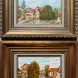 Pendant Paintings HST Henri Plubel (XX°) "View of Mrirebeau dur Bèze" + frame