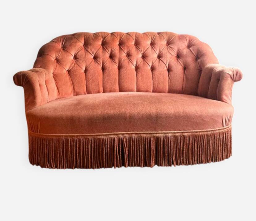 Old pink velvet upholstered toad sofa