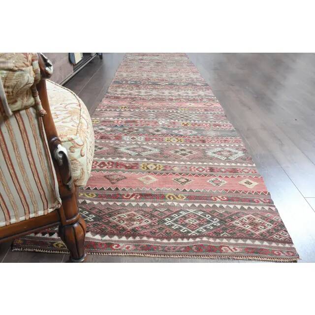 1970s Turkish Oushak Handmade Wool Cotton Brown Kilim Runner Rug 98x418