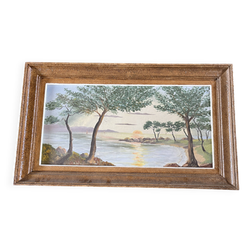 Tableau vintage paysage marin au coucher de soleil, signé Marcki