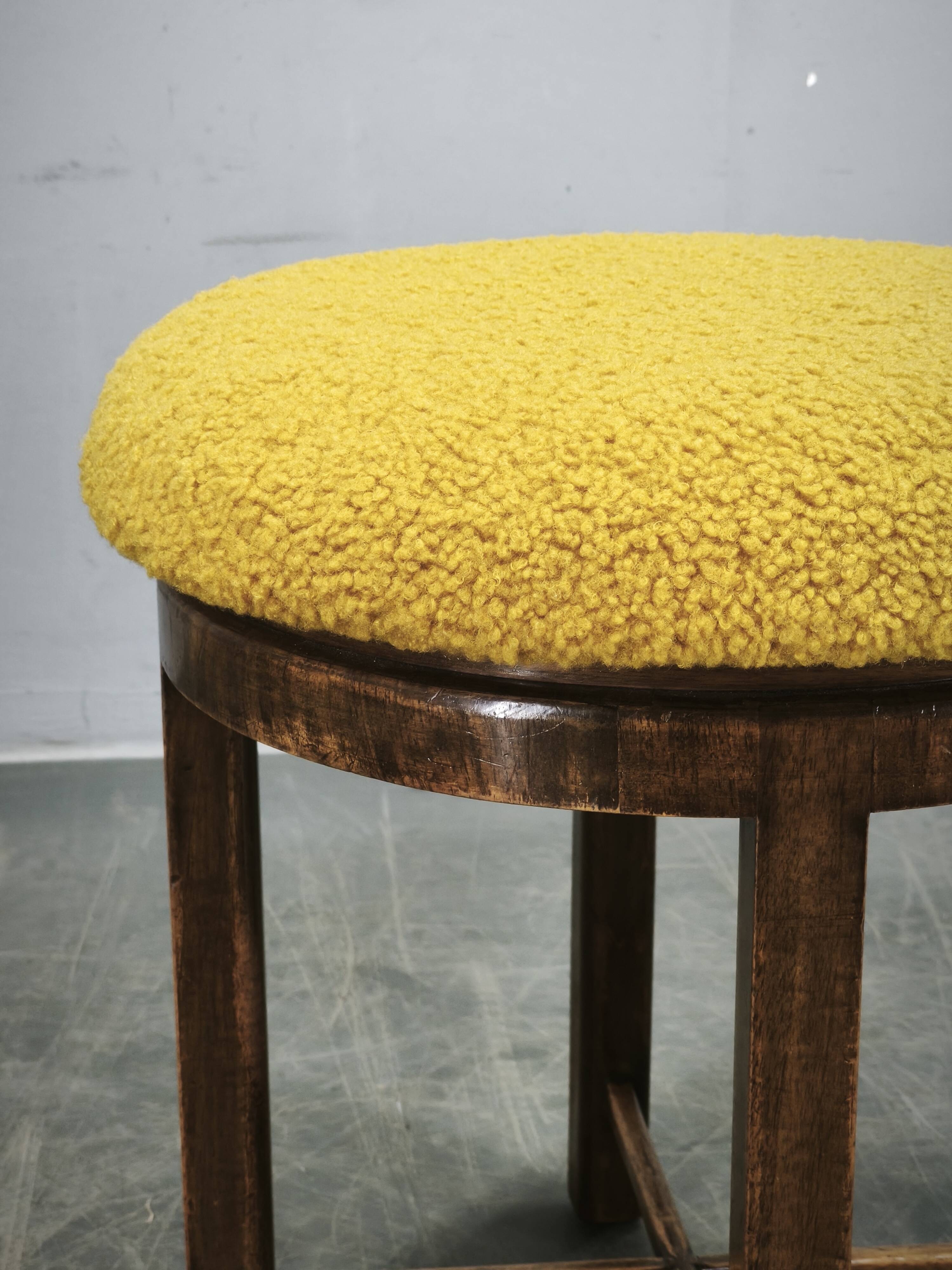 1930s Czech Art Deco Beechwood Stool with Bouclé Upholstery