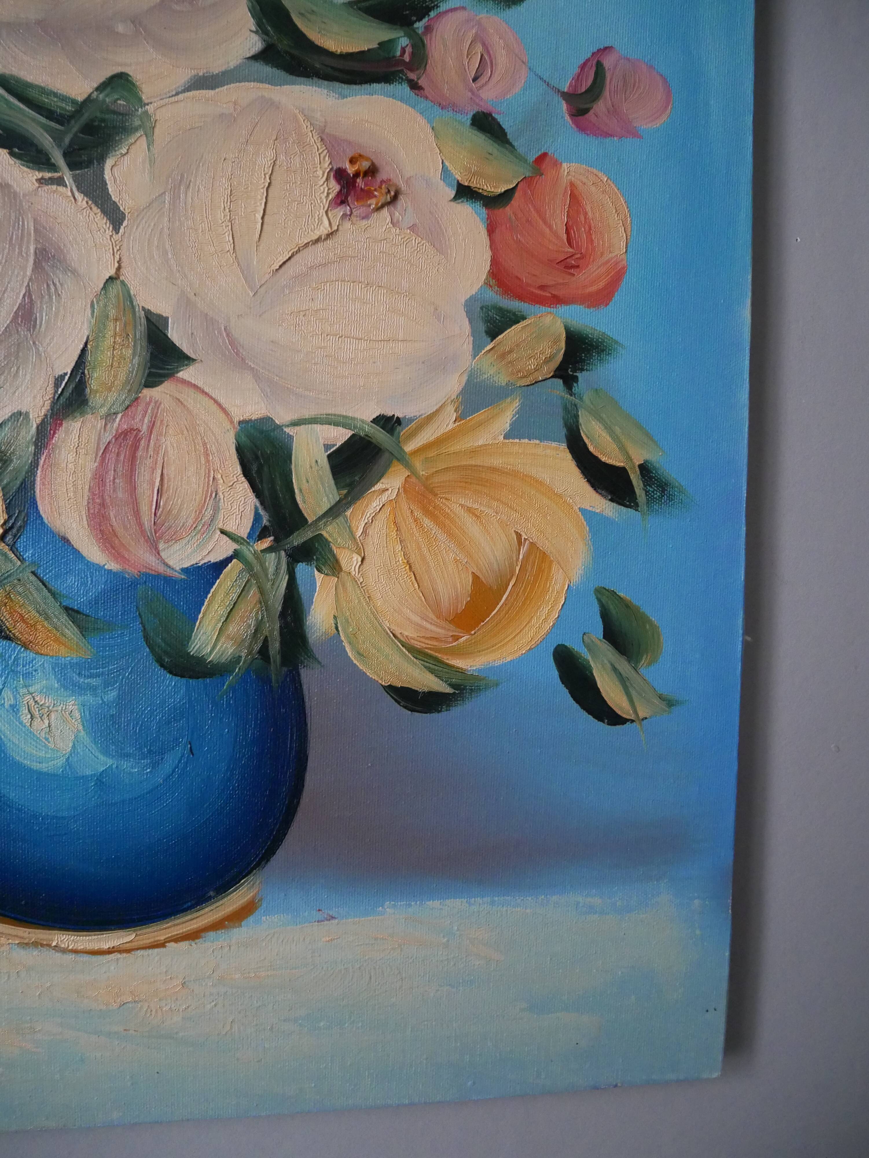 Still life painting bouquet of flowers vintage painted canvas classic decoration bohemian countryside