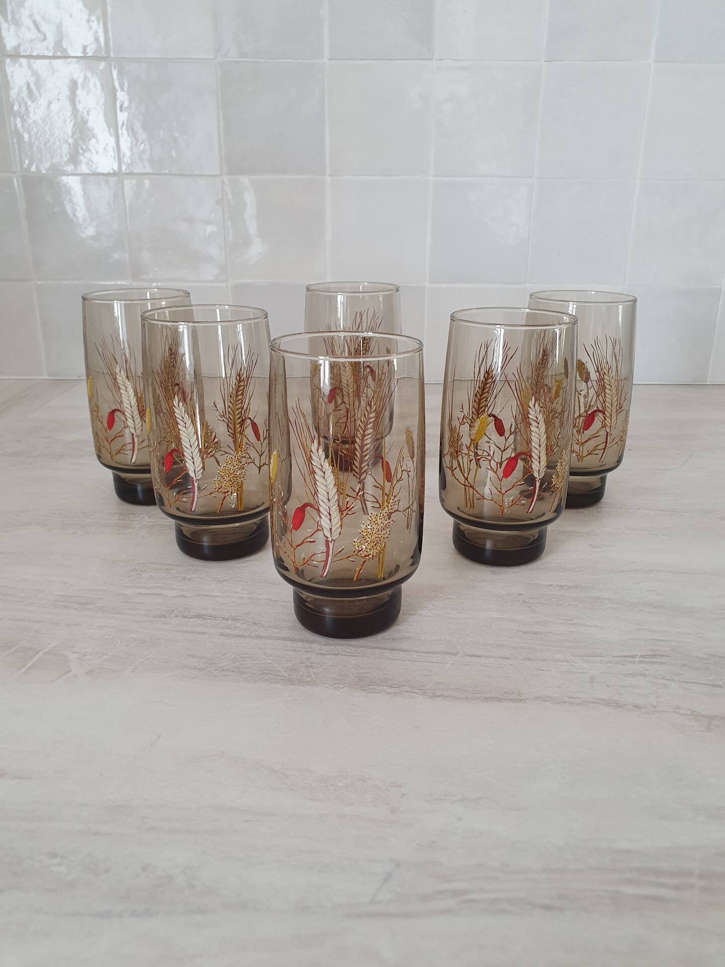 6 large smoked brown glasses