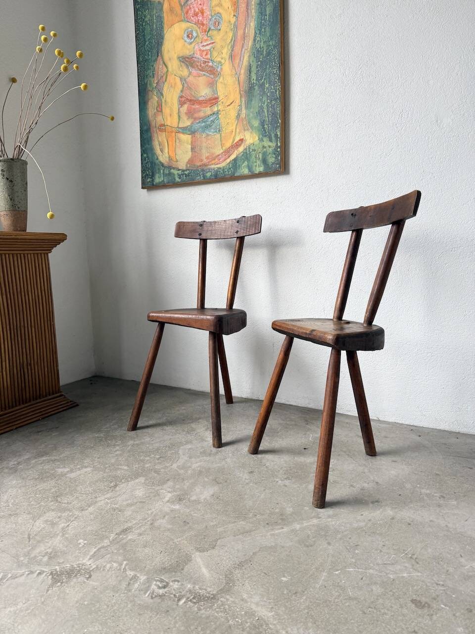 Pair of Savoyard tripod chairs, folk art, oak.