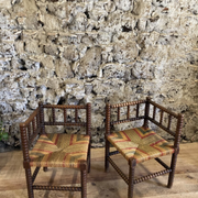 Pair of corner armchairs paillés in turned wood antique multicolored seat