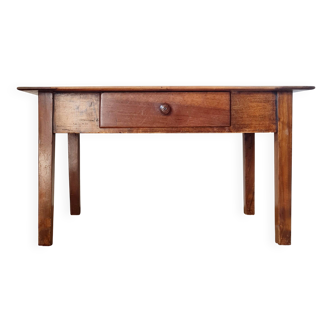 Old farmhouse coffee table in walnut with drawer - L82cm