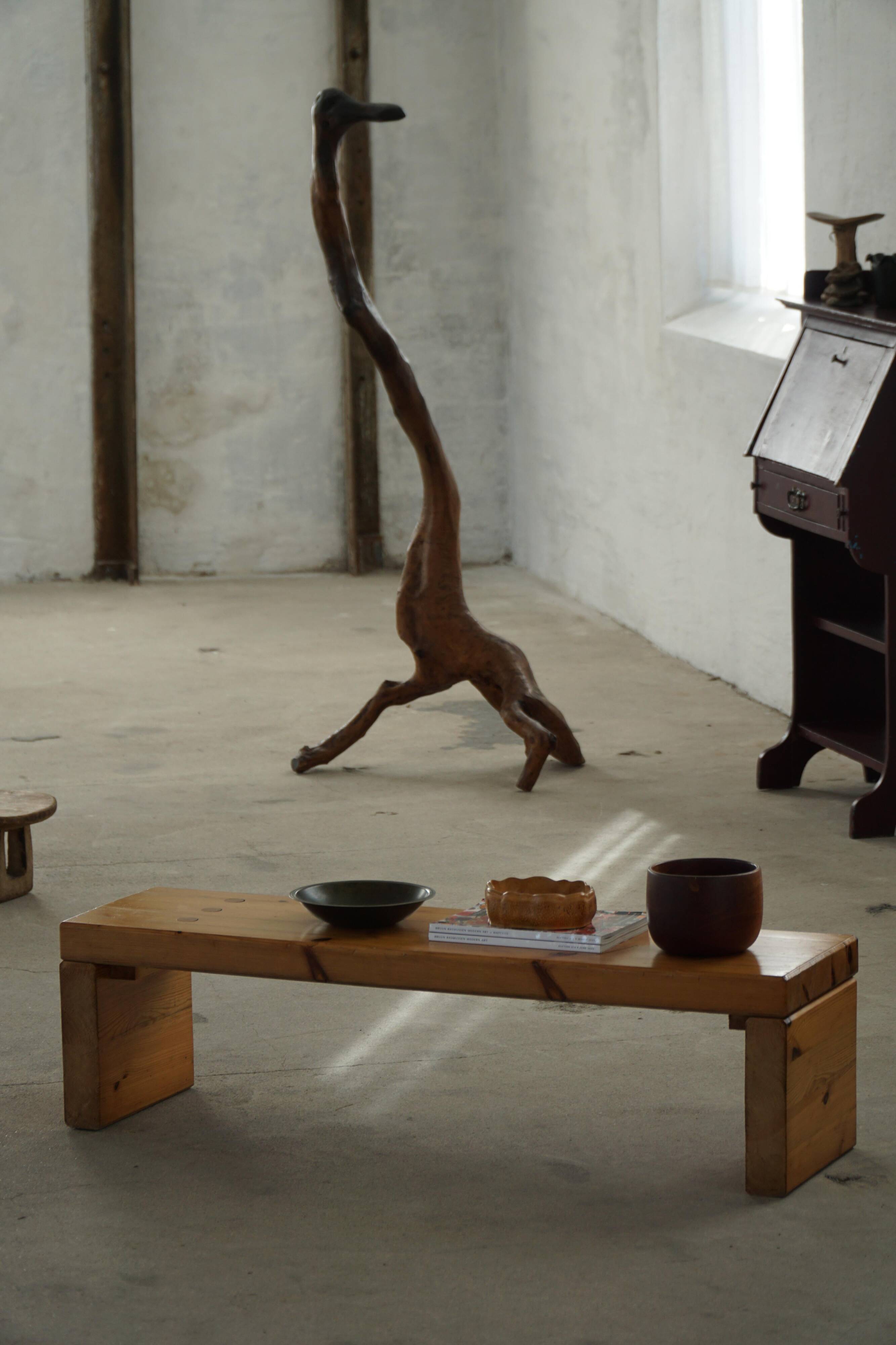 Brutalist modern Swedish table/bench in solid pine, mid-20th century, 1960s.
