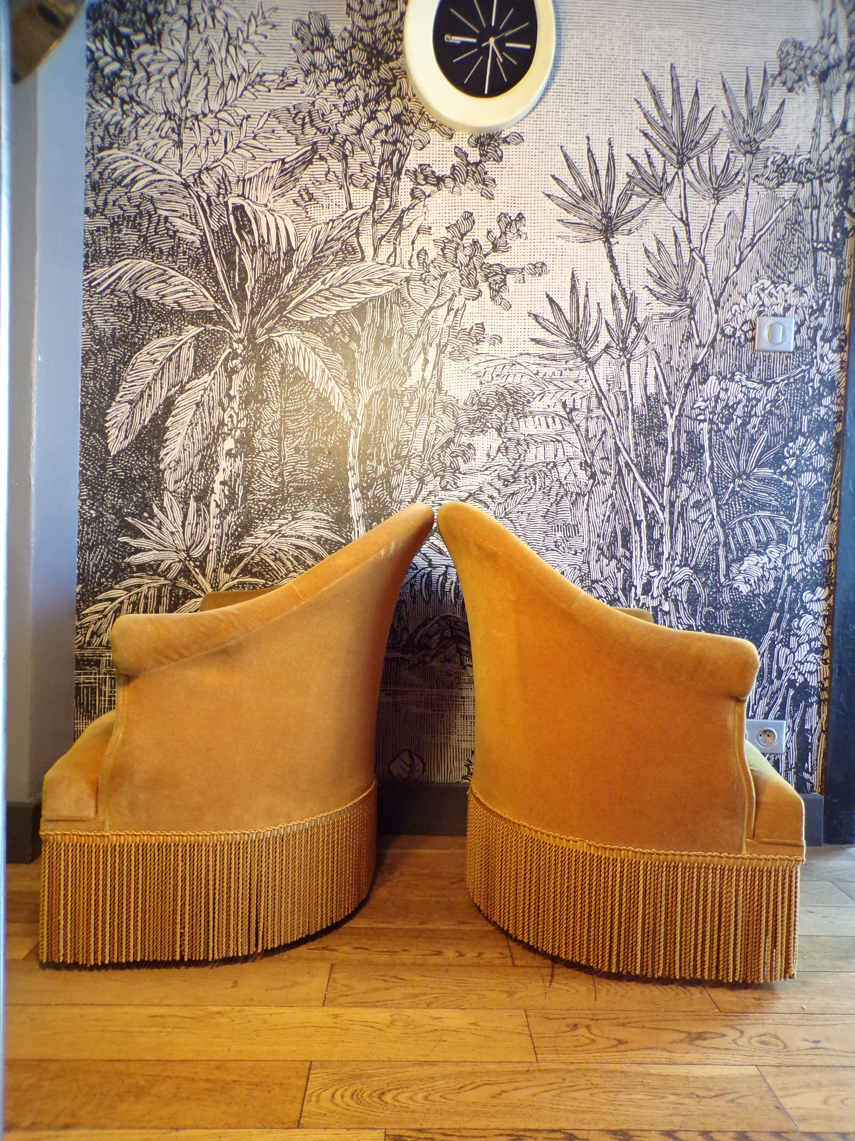 Pair of mustard velvet toad armchairs