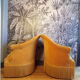 Pair of mustard velvet toad armchairs