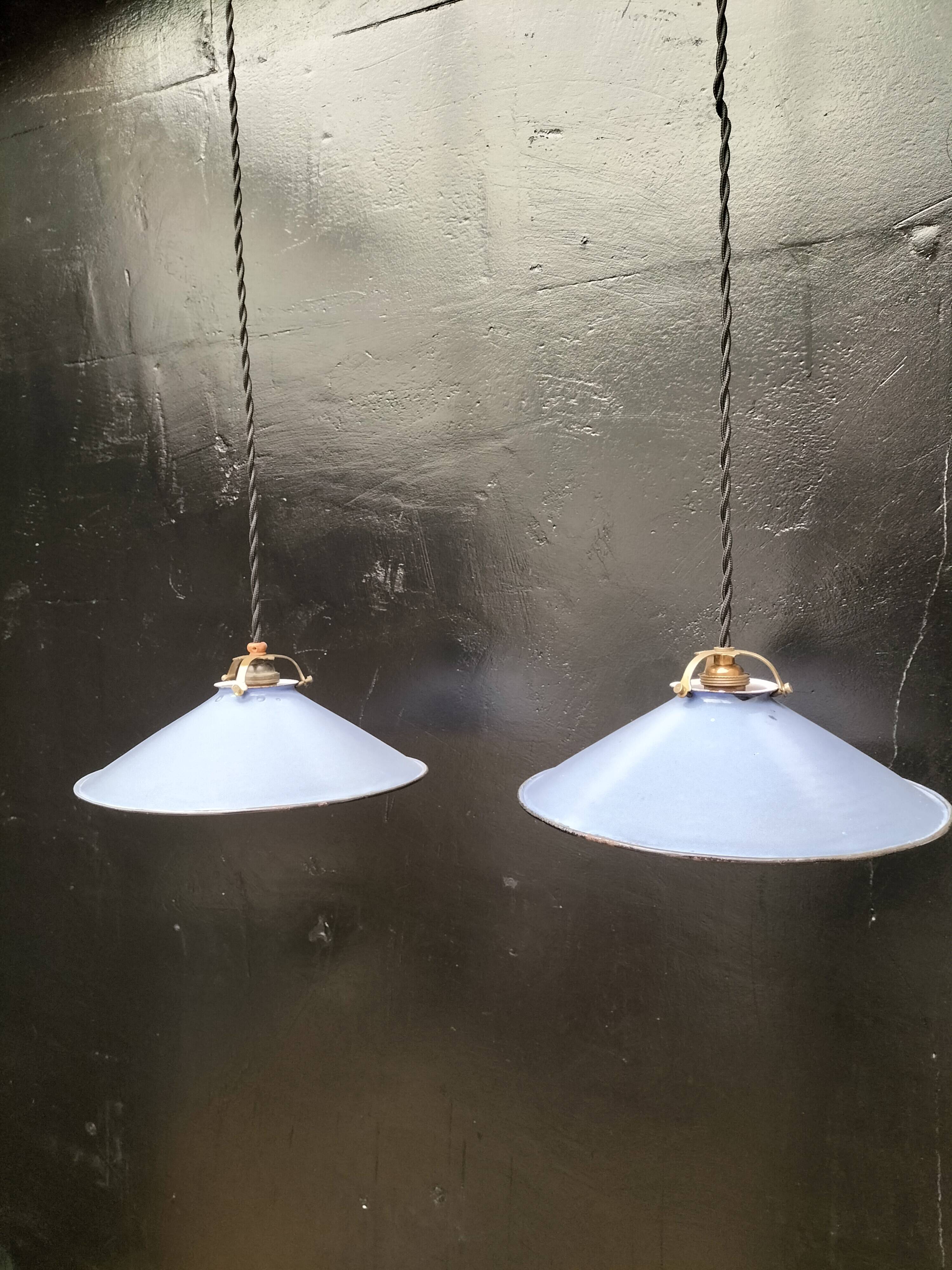 Pair of blue enameled sheet metal pendant lights