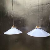 Pair of blue enameled sheet metal pendant lights