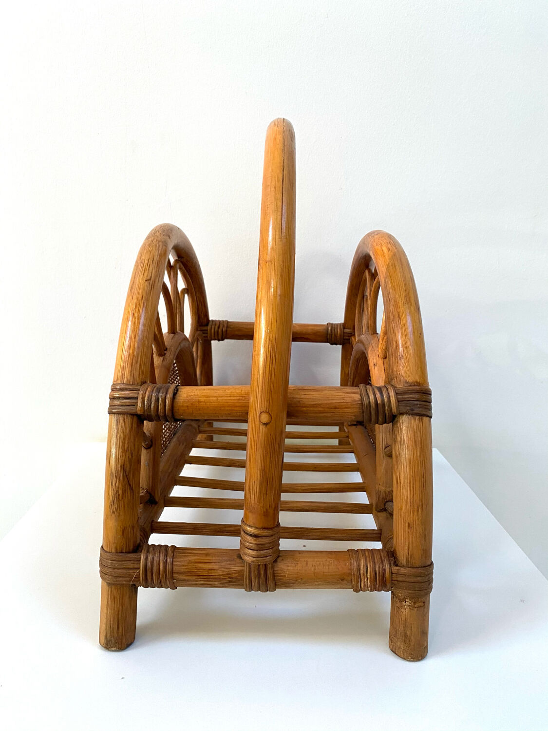 Rattan and bamboo magazine holder from the 70s