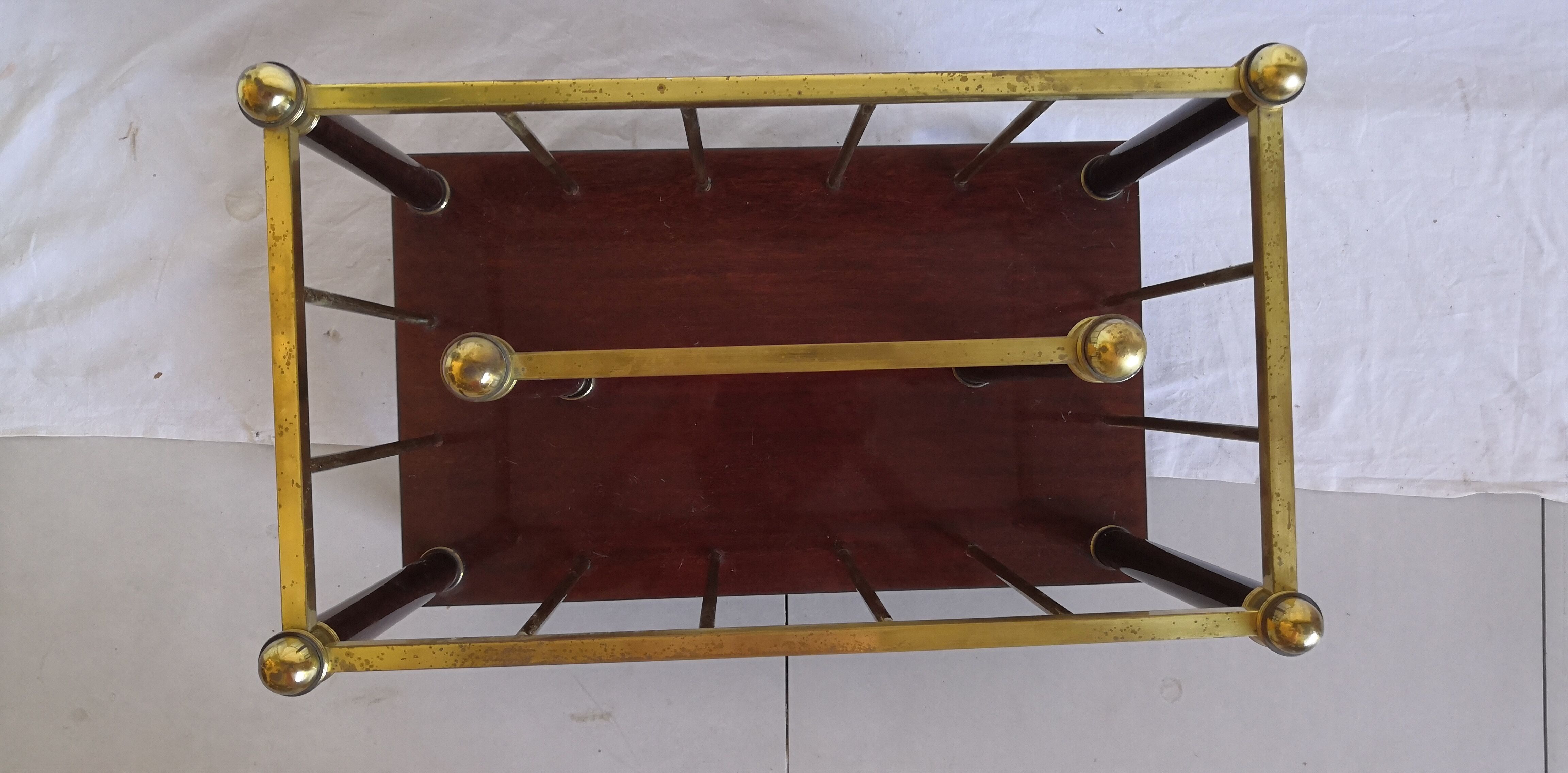 Magazine holder or vintage wood & brass bottles